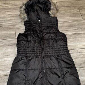 New York & Company Black Quilted Puffer Vest Removable Fur Hood Zip S